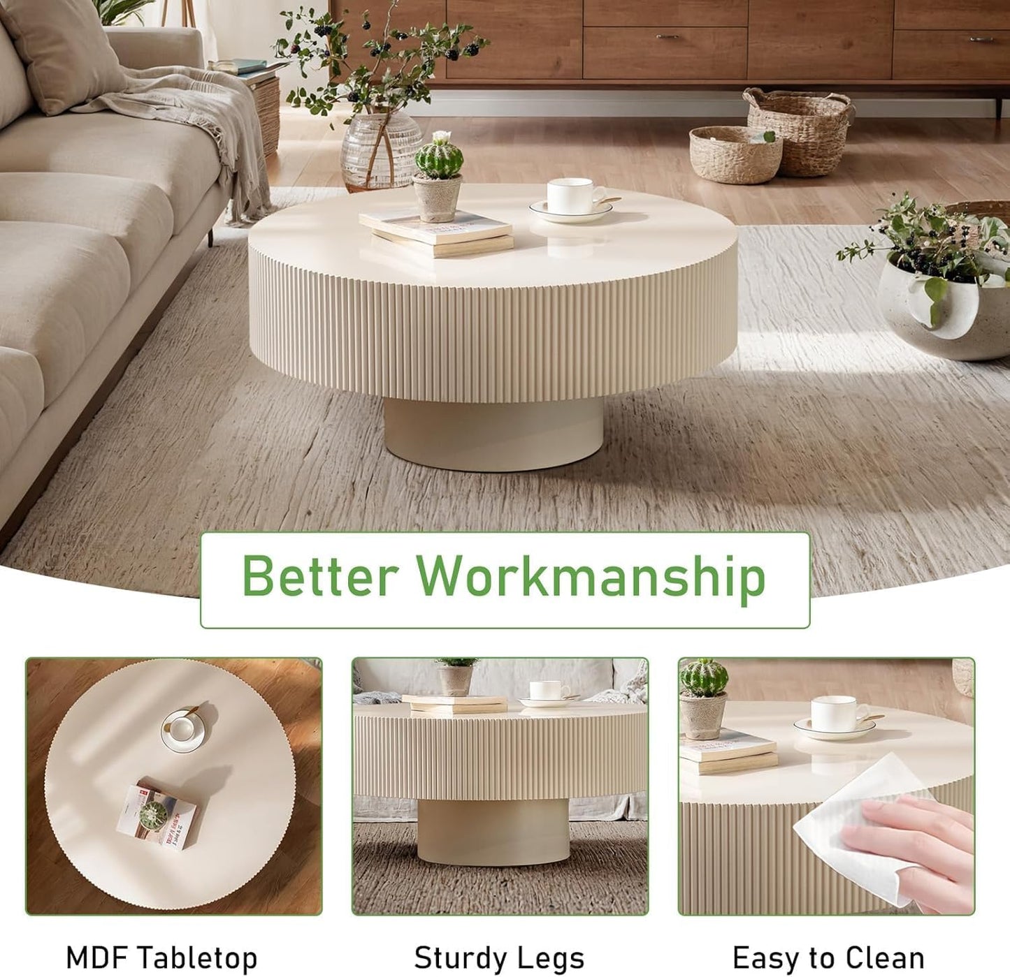 30.91'' Round Coffee Table (White Thickened) | Modern Handcraft Drum Coffee Table, Unique Fluted, Wood Center Table, For Living Room, Small Space, Farmhouse, Apartment