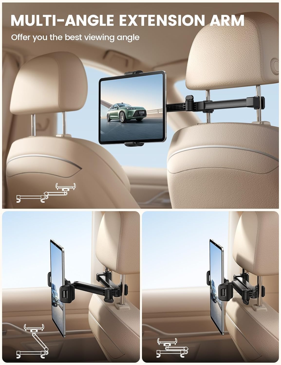 Lamicall Car Headrest Tablet Holder - [Foldable Clip] [Lockable] Tablet Mount for Car Backseat, Car Accessories for Kids, for iPad Pro, Air, Mini, Galaxy Tab, Fire HD, 5.4-13" Tablets