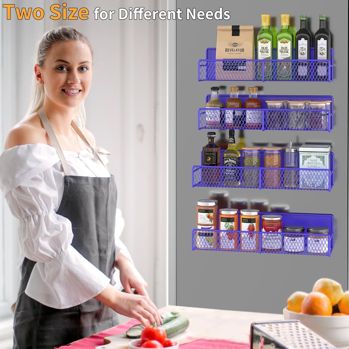 DTUQYX Magnetic Spice Rack for Refrigerator, 4 Pack 100% Metal Strong Magnet Fridge Shelves, Space Saving Spice Organizer, No Drilling Home Kitchen Laundry Room Storage Organization, Purple Blue