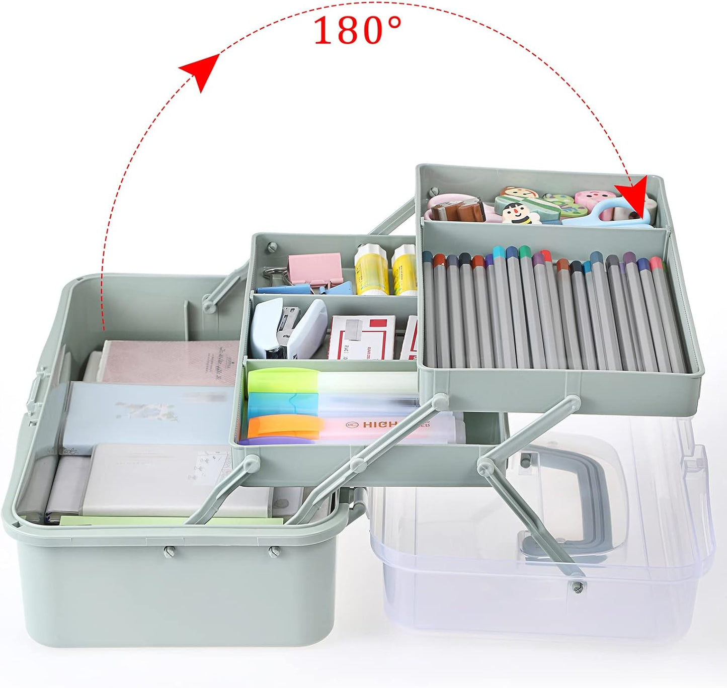BTSKY 3-Layer Plastic Dividing Storage Box Craft Organizer and Storage with Adjustable Spacers Portable Handled Art Supply Organizer Multipurpose Home Utility Box for Medicine Sewing(Haze Green)
