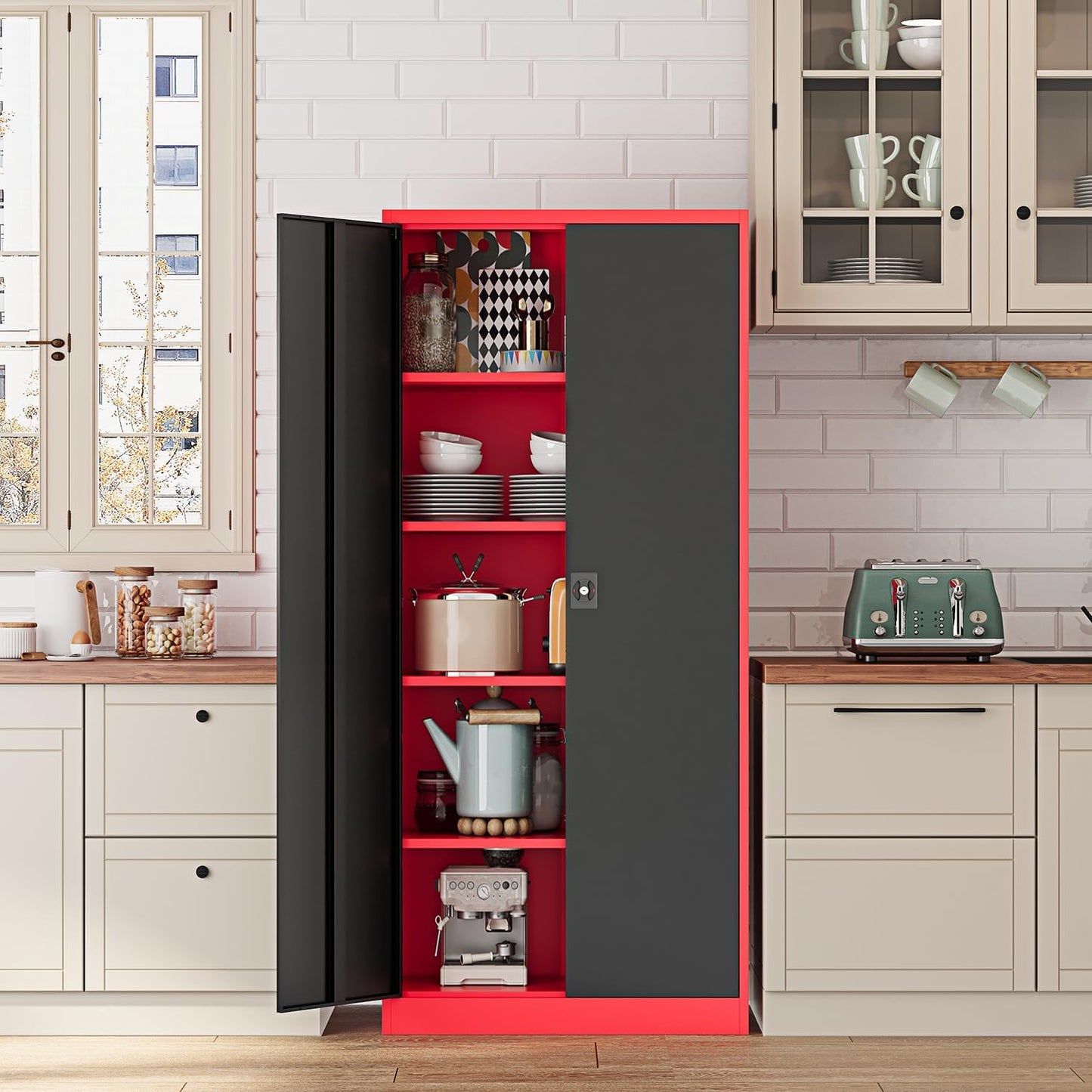 Fesbos Metal Storage Cabinet-71” Tall Steel File Cabinets with Lockable Doors and Adjustable Shelves-Black&Red Steel Storage Cabinet for Home,Kitchen, School, Office, Garage