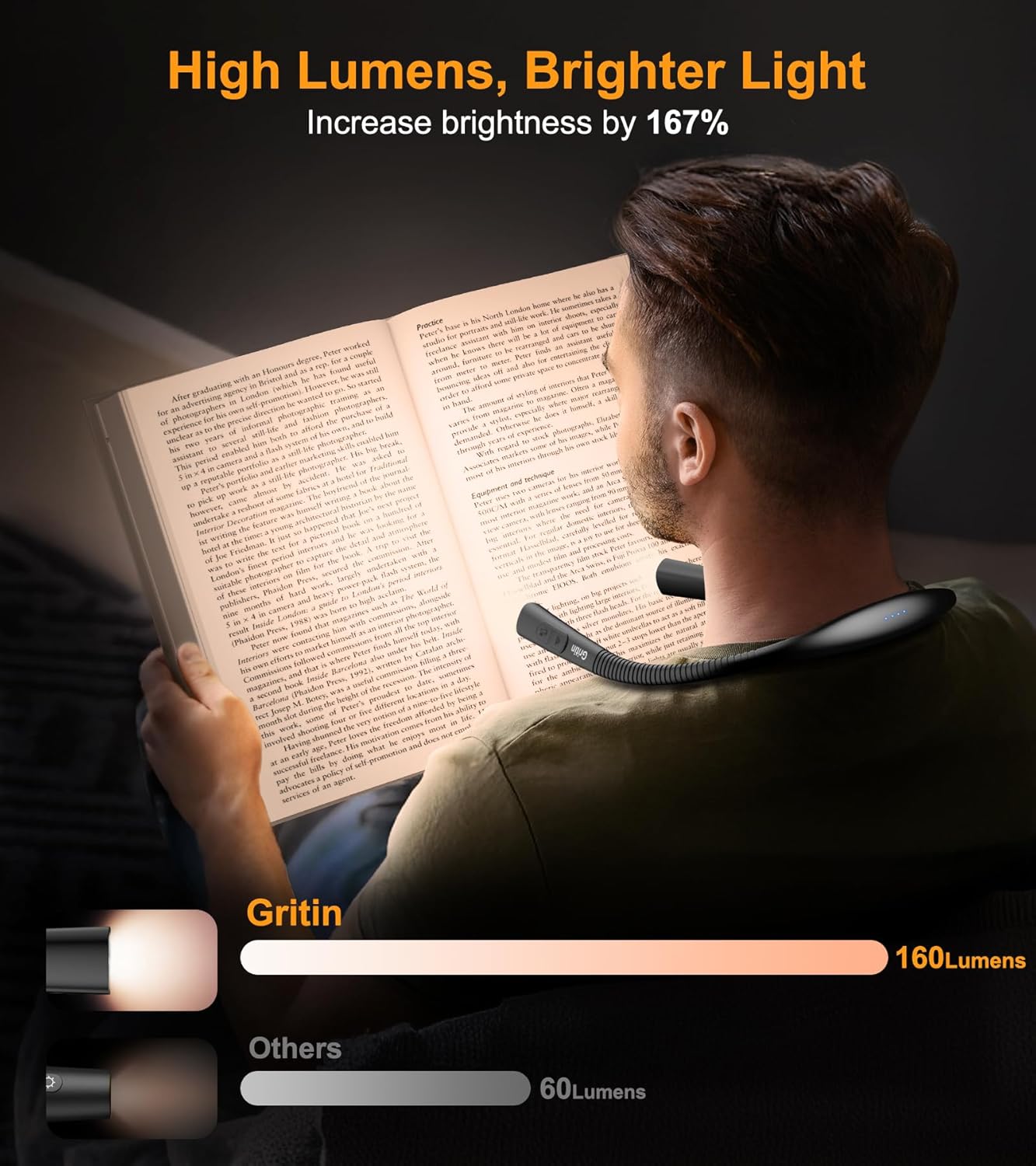 Gritin Book Light, Eye Caring 4-Color & 5-Brightness Neck Light Reading Light- Stepless Dimming,30-min Timer,80+ Hrs Runtime,Bendable Round Neck Design, Lightweight for Reading-Black