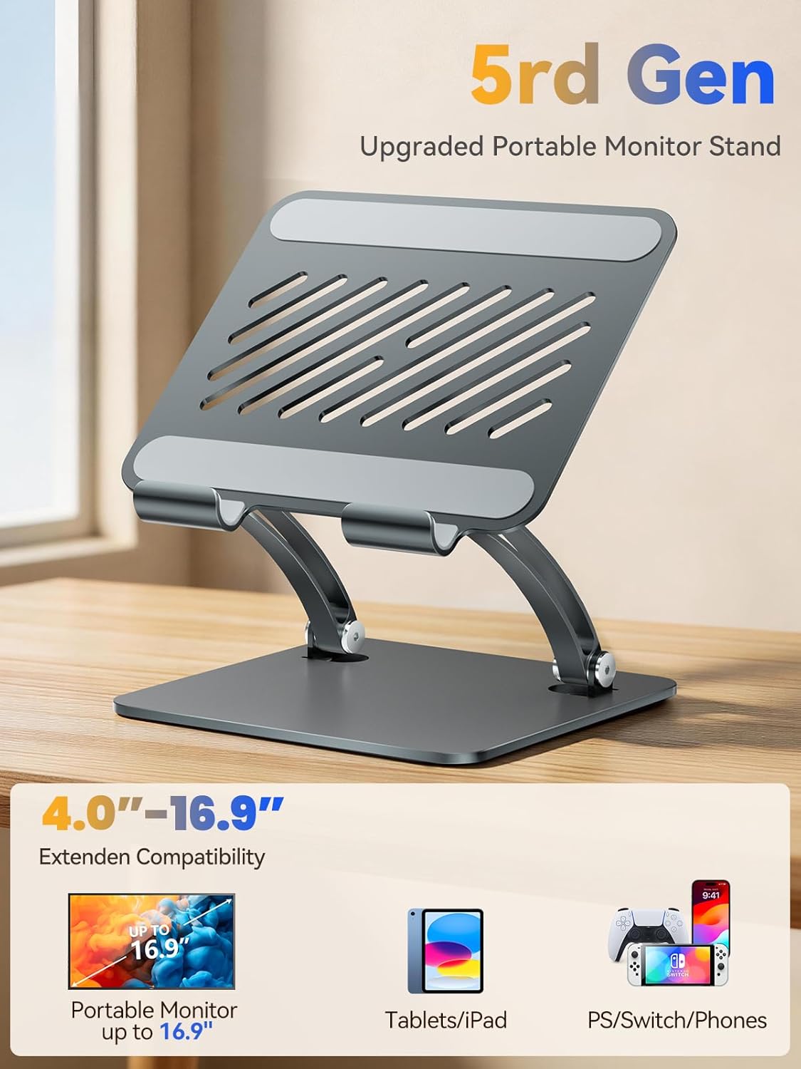tounee Tablet Holder Stand, Dual Rod Adjustable Aluminum Desktop Stand, Compatible with 4.7-16.9" iPads, Surface Tablets, Portable Monitors, Kindle & More (Gray)