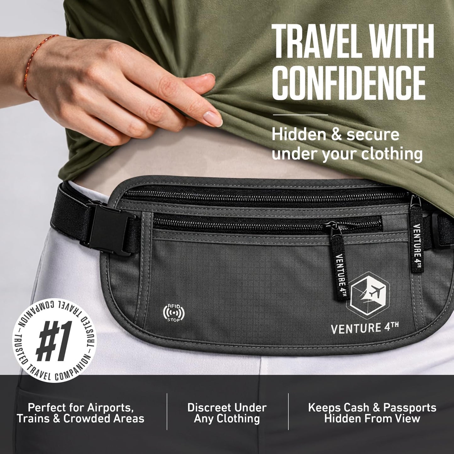 VENTURE 4TH Money Belt for Travel – Slim Hidden Under-Clothes RFID Blocking Anti-Theft Passport Holder & Travel Wallet Pouch for Men & Women to Protect Cash, Cards & Documents (Gray)