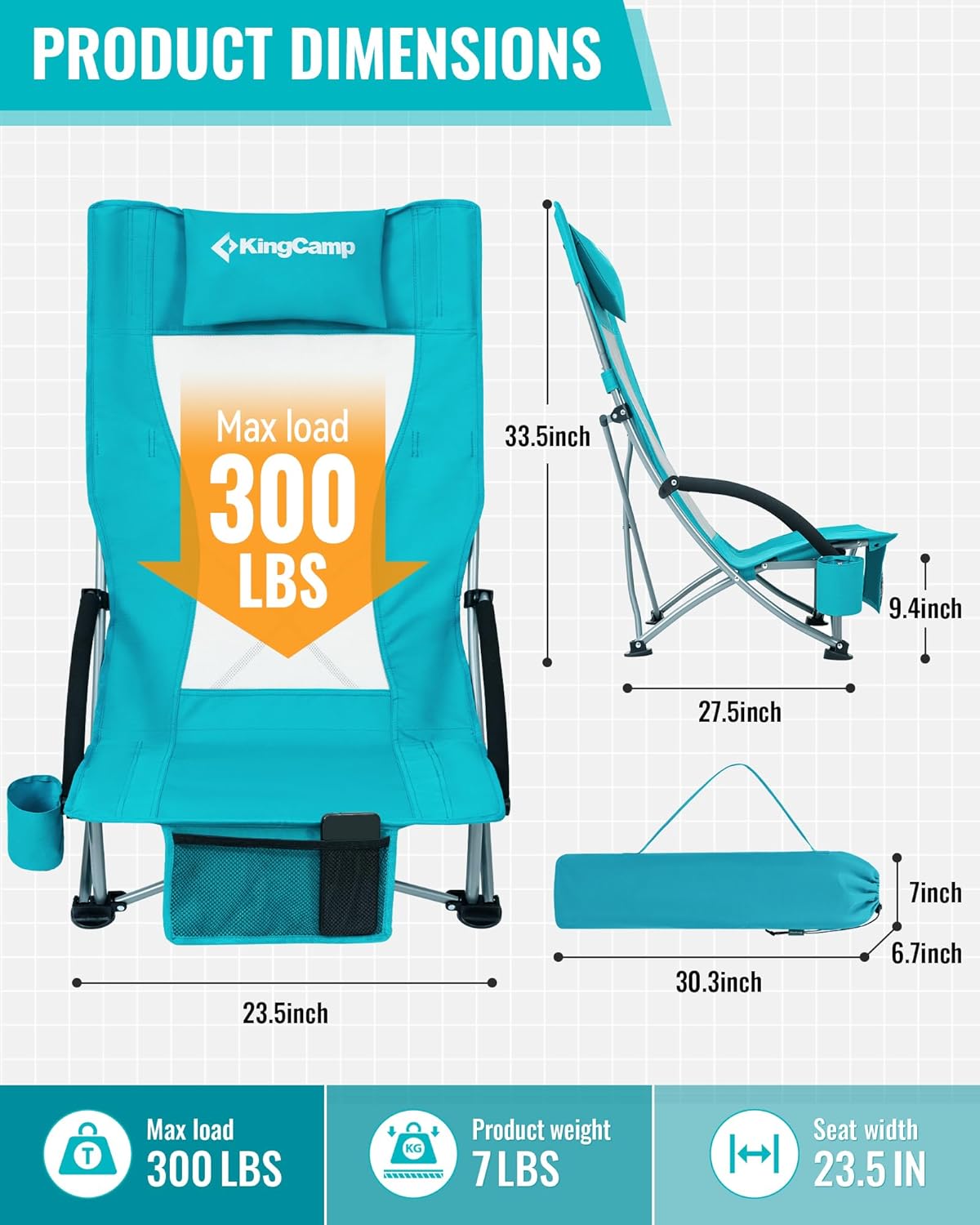 KingCamp Low Beach Chair, High Back Folding Camping Chair for Adults, Oversized Breathable Mesh Seat, 300lbs Heavy Duty Portable Chair with Cup Holder & Storage Pockets for Beach, Outdoor