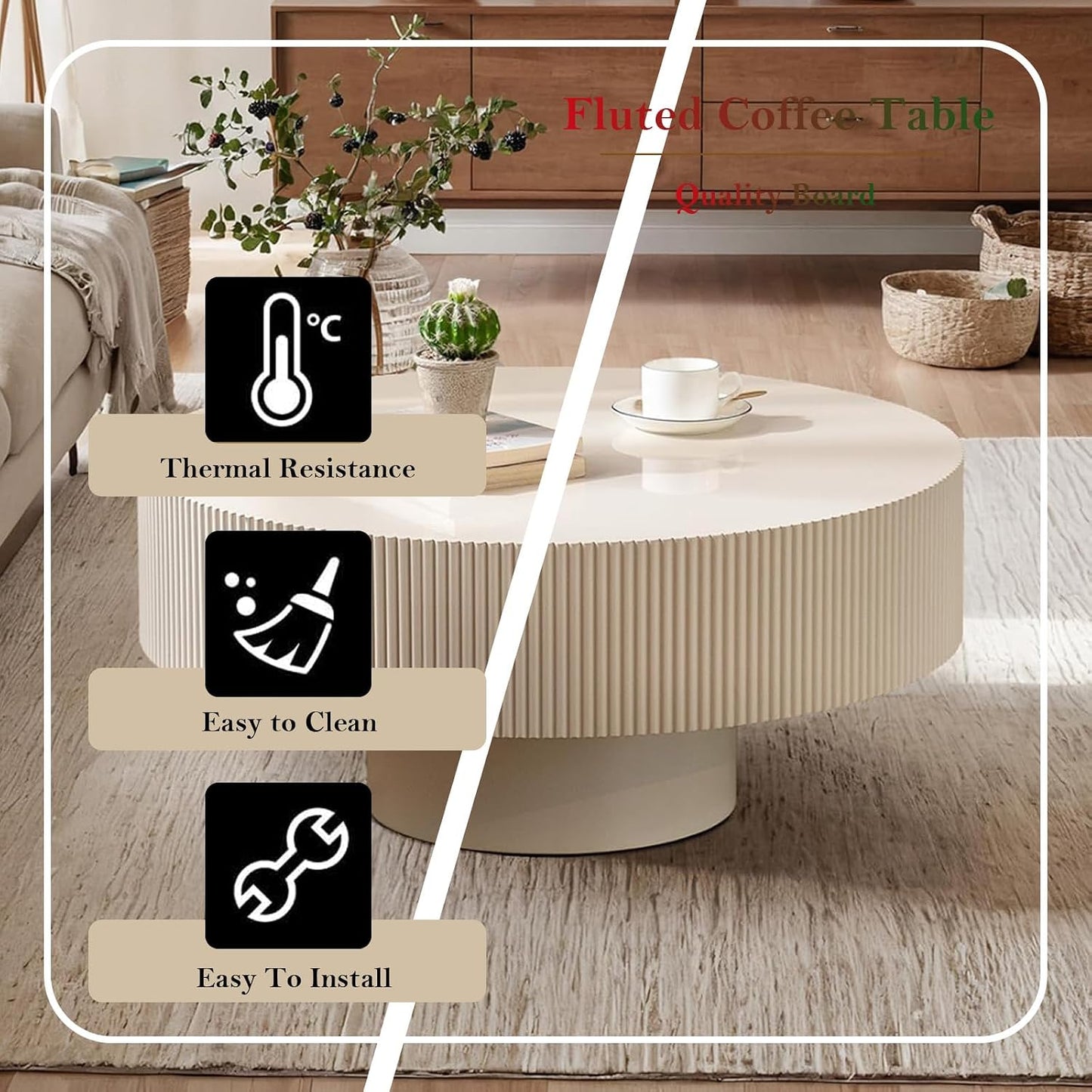 Ivory White Round Fluted Coffee Table (Lvory White Thicken 30.71in) | Rustic Circular Pedestal Center Table, with Round Thicken Tabletop & Sturdy Pedestal | for Living Room Study Farmhouse
