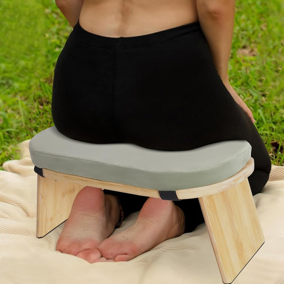Meditation Prayer Bench, Portable Foldable & 5° Ergonomic Tilt Kneeling Meditation Yoga Stool with Cushion & Carry Bag for Home/Studio/Gym, Bamboo & Velvet Kneeling Stools (Green)