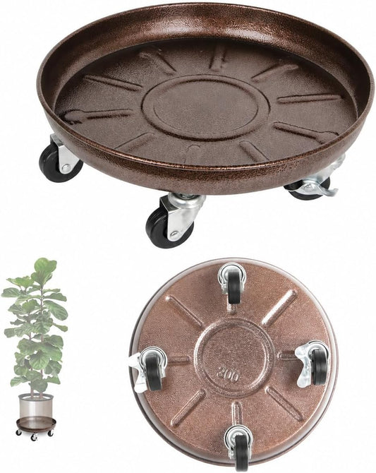 14" Metal Rolling Plant Caddy with Wheels, Indoor Outdoor, 3-Pack Brown