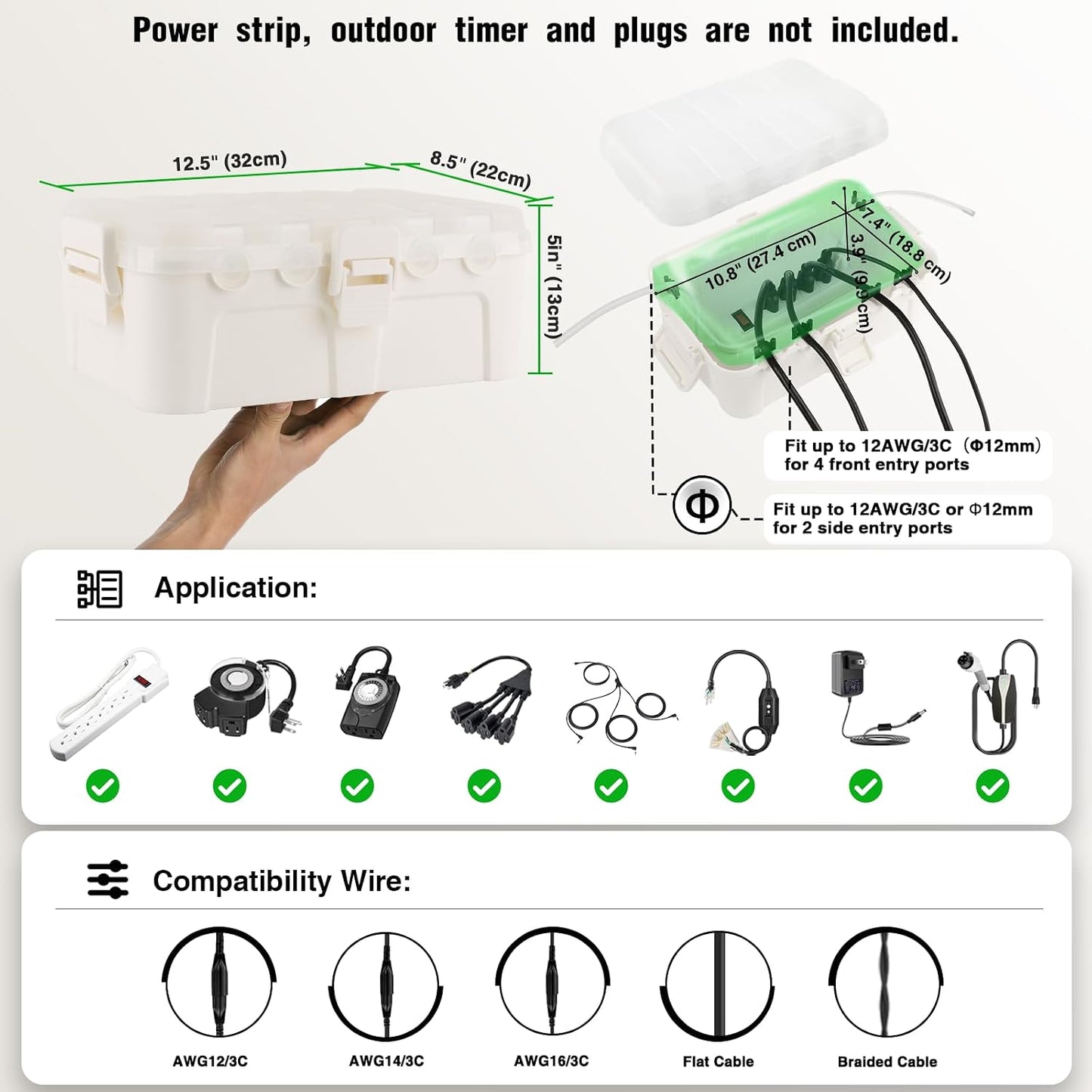 Flemoon Large Outdoor Electrical Box, Waterproof Extension Cord Cover | 6 Cable Entry Ports, IP54 Weatherproof Connection Box with Clear Lid for Photocell Light Sensor Timer, Outlet, Socket, White