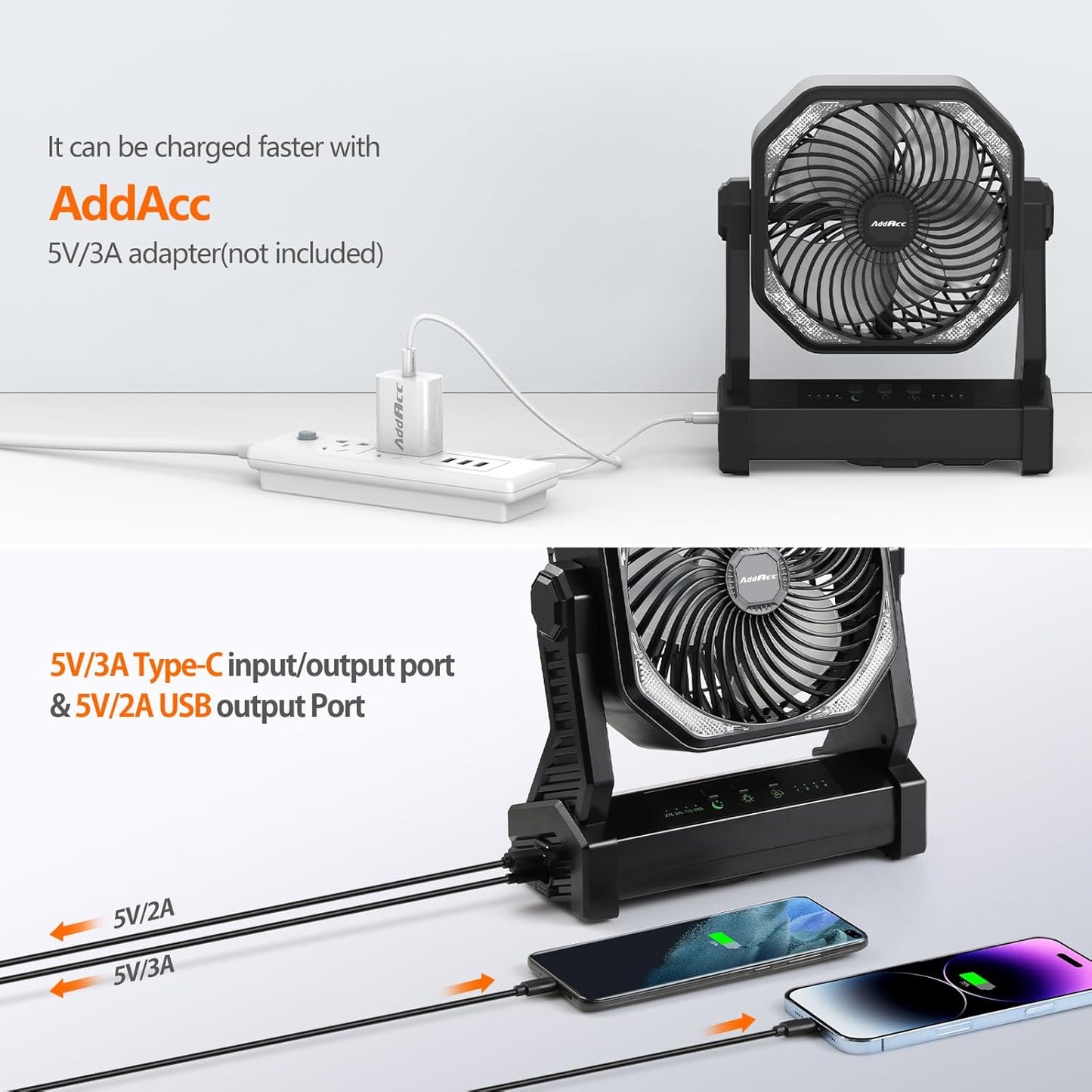 20000mAh Battery Powered Camping Fan, 58Hrs Rechargeable Portable Fan, 400LM Light, 360° Hook, Whisper Quiet Battery Operated Fan for Outdoor Car Travel Gear Essentials Power Outages Co-brand AMACOOL
