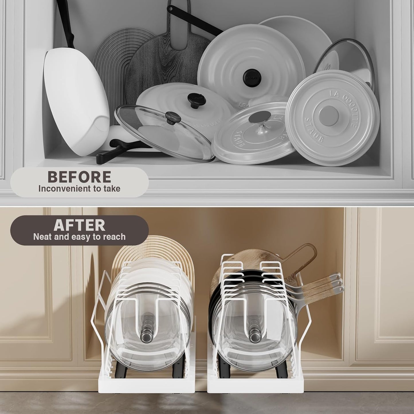 Magheo 2 Pack Pots and Pans Organizer Under Cabinet, 22" Deep Expandable Pull Out Pot Lid Organizer and Storage with 10 Adjustable Dividers No Drill Pot and Pan Holder Rack with Handle Bracket(White)