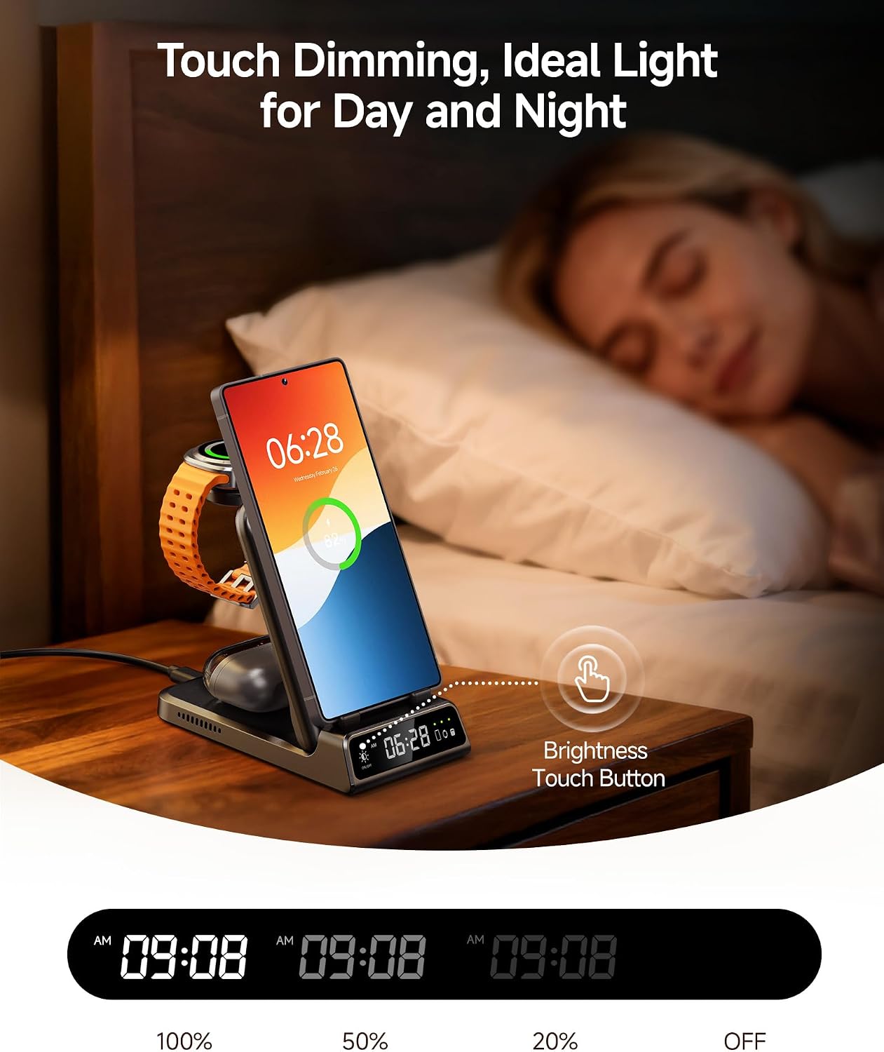 Charging Station for Samsung Phone, Watch & Buds, SwanScout 703S (Black) | Foldable for Travel, Not for Samsung Watch 9/Ultra 2, Works on Nightstand or Desk, Built-in Clock, Adapter Not Included