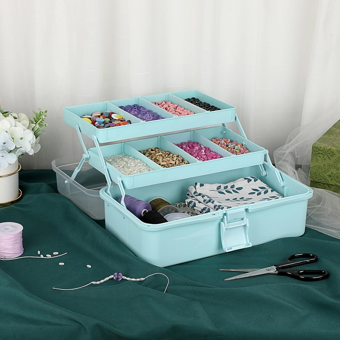 BTSKY 3-Layer Plastic Dividing Storage Box Craft Organizer and Storage with Adjustable Spacers Portable Handled Art Supply Organizer Multipurpose Home Utility Box for Medicine, Sewing(Blue)