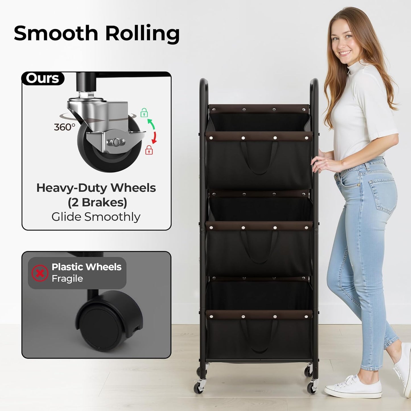 GRANNY SAYS 3 Section Tiered Laundry Sorter, Slim Vertical Laundry Hamper with Wheels, Narrow Rolling Laundry Cart with Removable Bags for Laundry Room, Bathroom, Closet, Dorm, Black