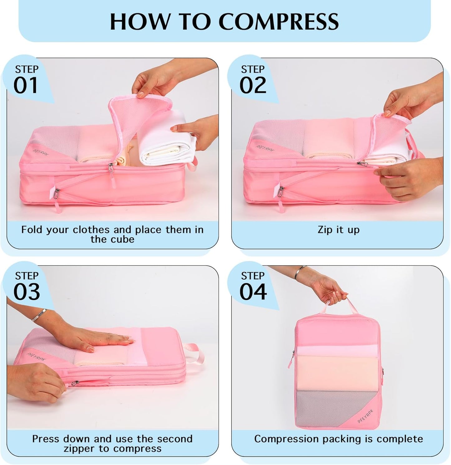 PFEYRPK Lightweight Compression Packing Cubes for Suitcases, Compressible Expandable Travel Packing Organizer with Clear Toiletries and Backpack Bag, Travel Essentials for Carry on Luggage 7 Set