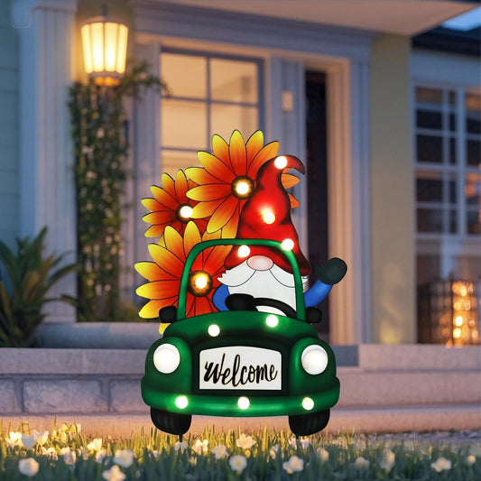 WONDER GARDEN Outdoor Garden Stakes with LED Lighted Truck & Gnome Decor