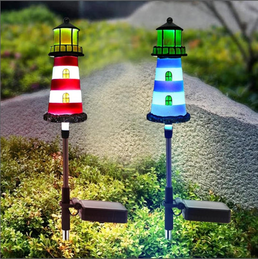 2 Pack Solar Lighthouse Lights, IP65 Waterproof Outdoor Pathway Stake Lights, Auto Dusk to Dawn Solar Powered Nautical Landscape Decor Lights for Lawn, Flower Bed, Patio, Walkway