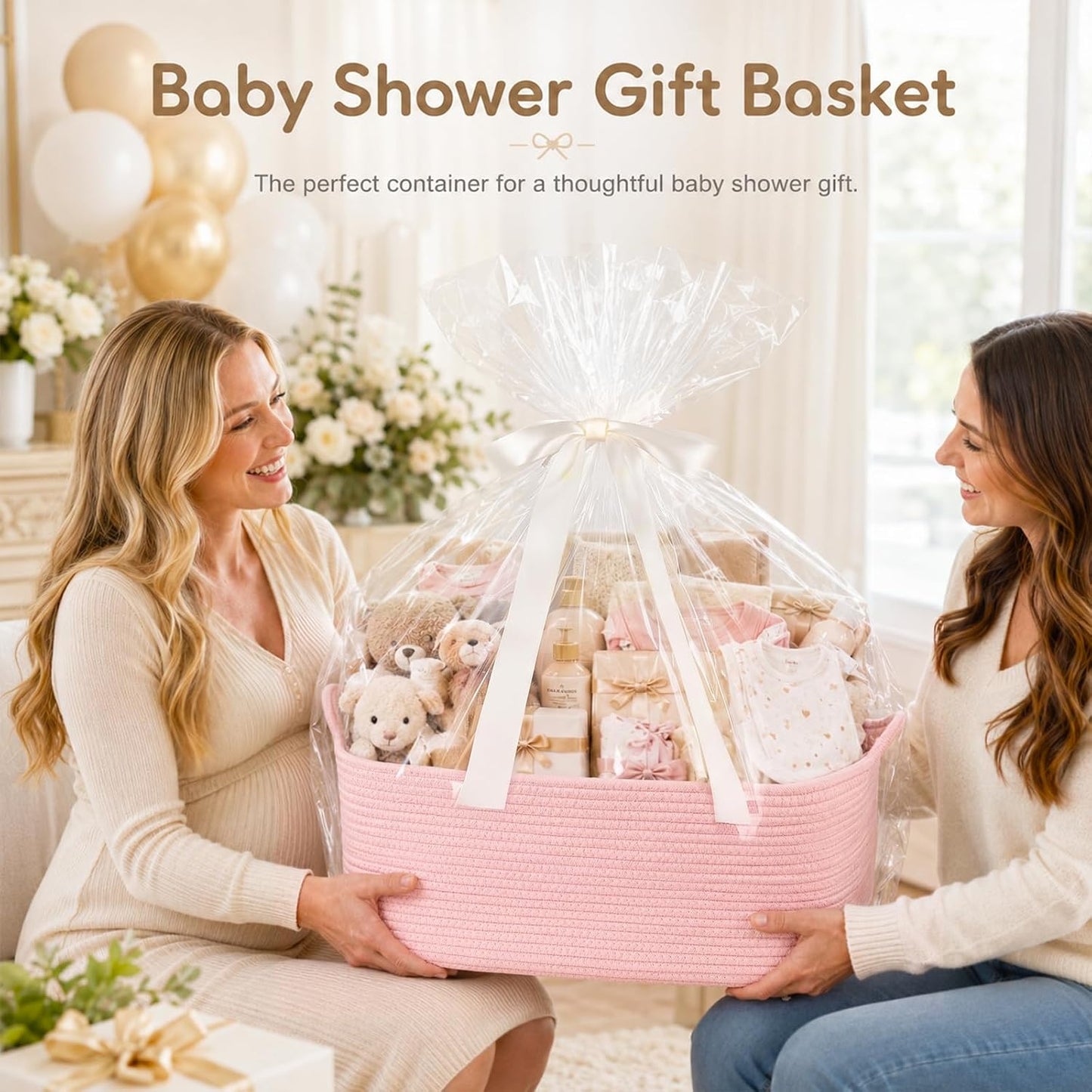 OIASKET Large Empty Cotton Rope Gift Basket with Handles, 16.5"x12.6"x7" Decorative Woven Storage Basket with Gift Bag and Ribbon Set for Baby Shower, Toy Organizer for Kids, Dogs & Cats - Pink
