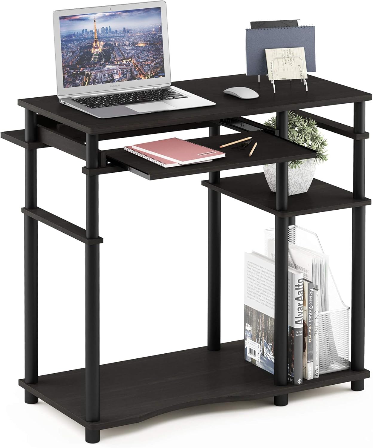 Furinno Simplistic Easy Assembly Computer Desk, With Keyboard Tray, Dark Brown/Black