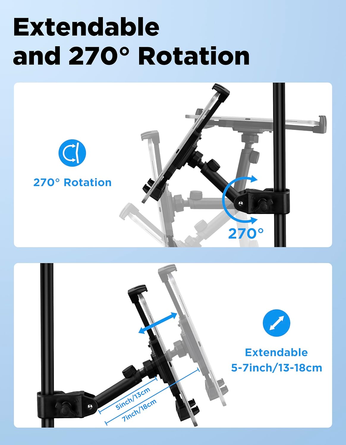 Tablet Holder for Mic Stand with Power Bank Clip - Adjustable iPad/iPhone Mount for Music Stand, Compatible with Screen Devices from 4.7-13.5" Smartphones, Android - Outdoor Streaming & Recording