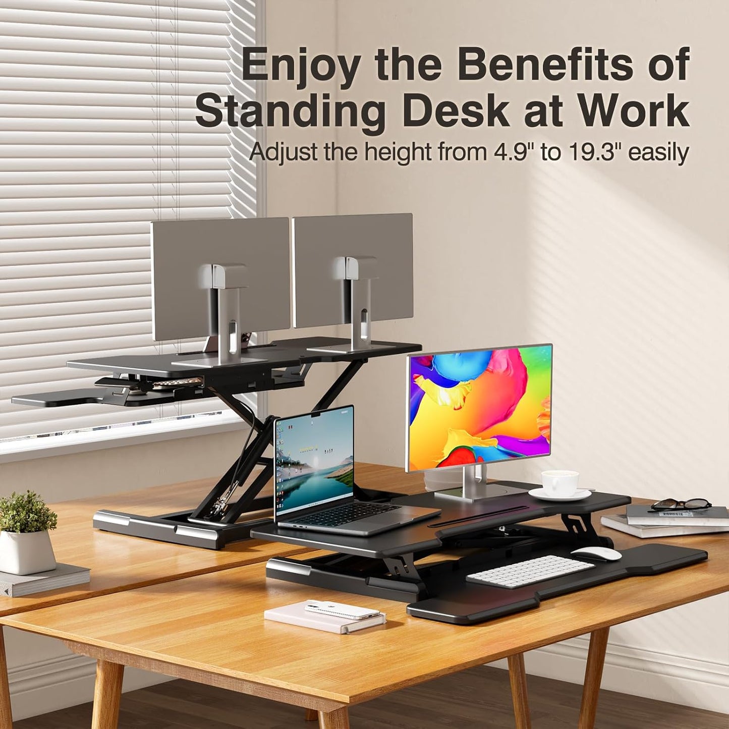 Standing Desk Converter 32 inch, Height Adjustable Sit Stand Desk Riser, Quick Sit to Stand Tabletop Dual Monitor Riser Workstation for Home Office with Keyboard Tray, Black