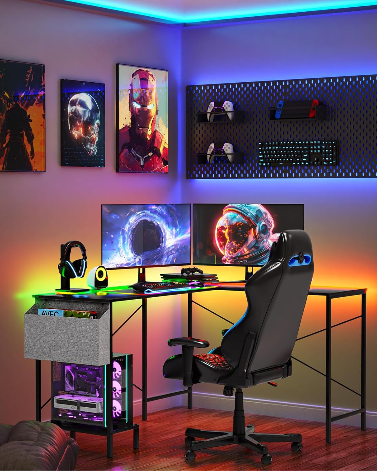 L Shaped Desk - 50" Reversible Home Office Computer Desk, Wood Top, Metal Frame, Side Bag, Sturdy Gaming Desk Corner Table for Work, Writing and Study, Space-Saving