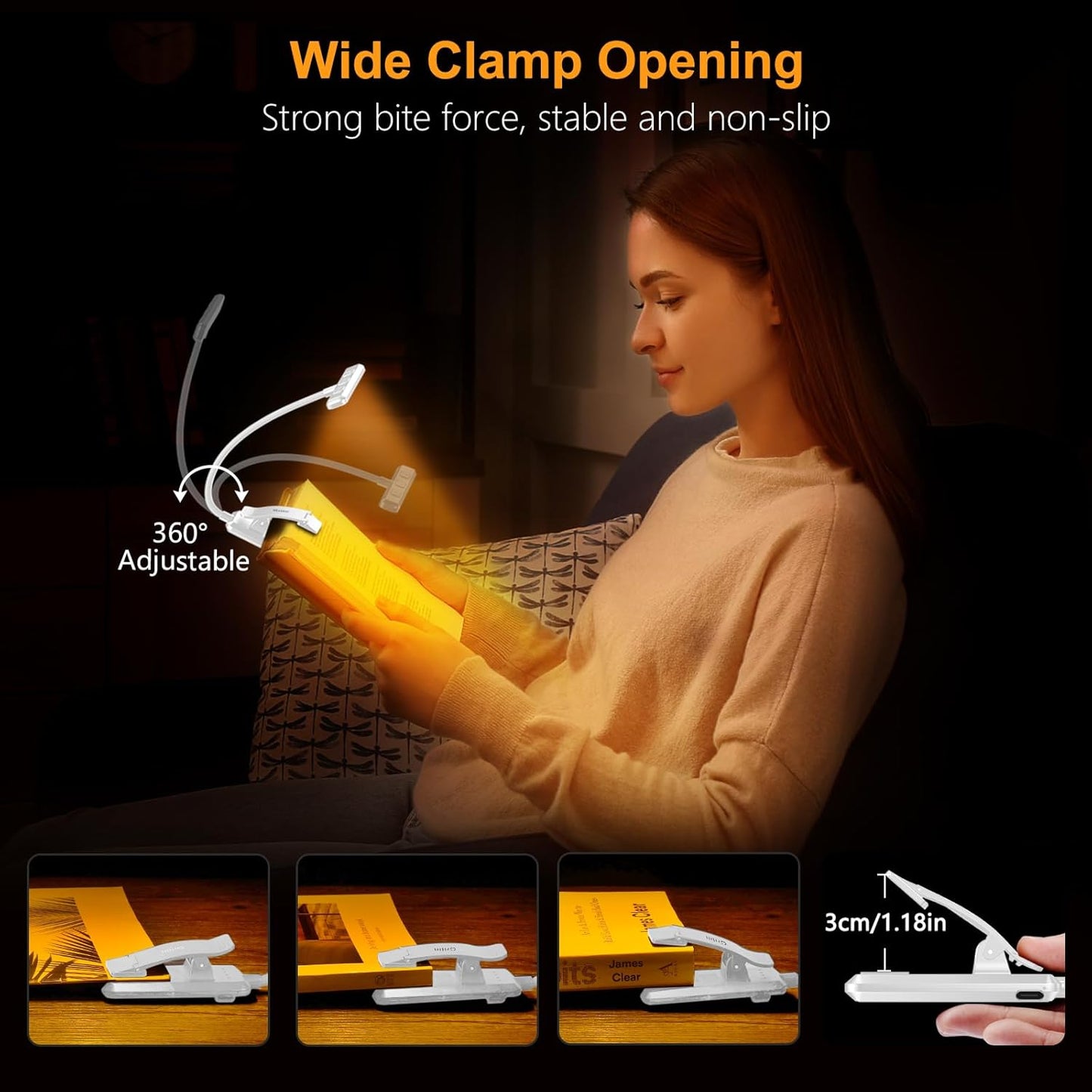 Gritin 19 LED Rechargeable Book Light for Reading in Bed with Memory Function- Eye Caring 3 Color Temperatures,Stepless Dimming Brightness,90 Hrs Runtime Clip on Light for Book Lovers-White