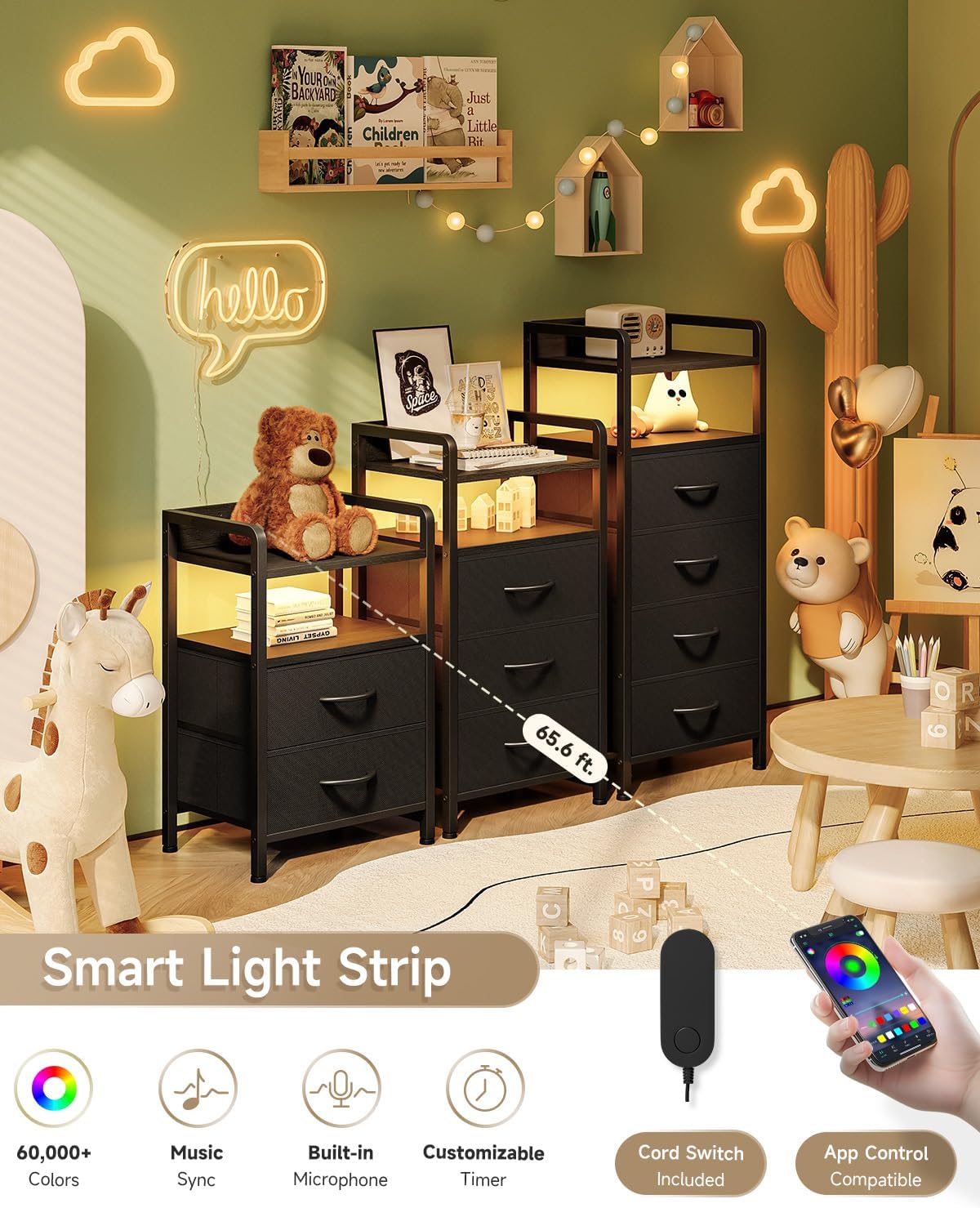 Lazzanto Night Stand Bedside Charger Bedroom - Nightstand with Charging Station & LED Light Strip, Night Stand with Storage Shelf & 2 Fabric Drawers, Morden End Table with U-S-B Ports & AC Outlets