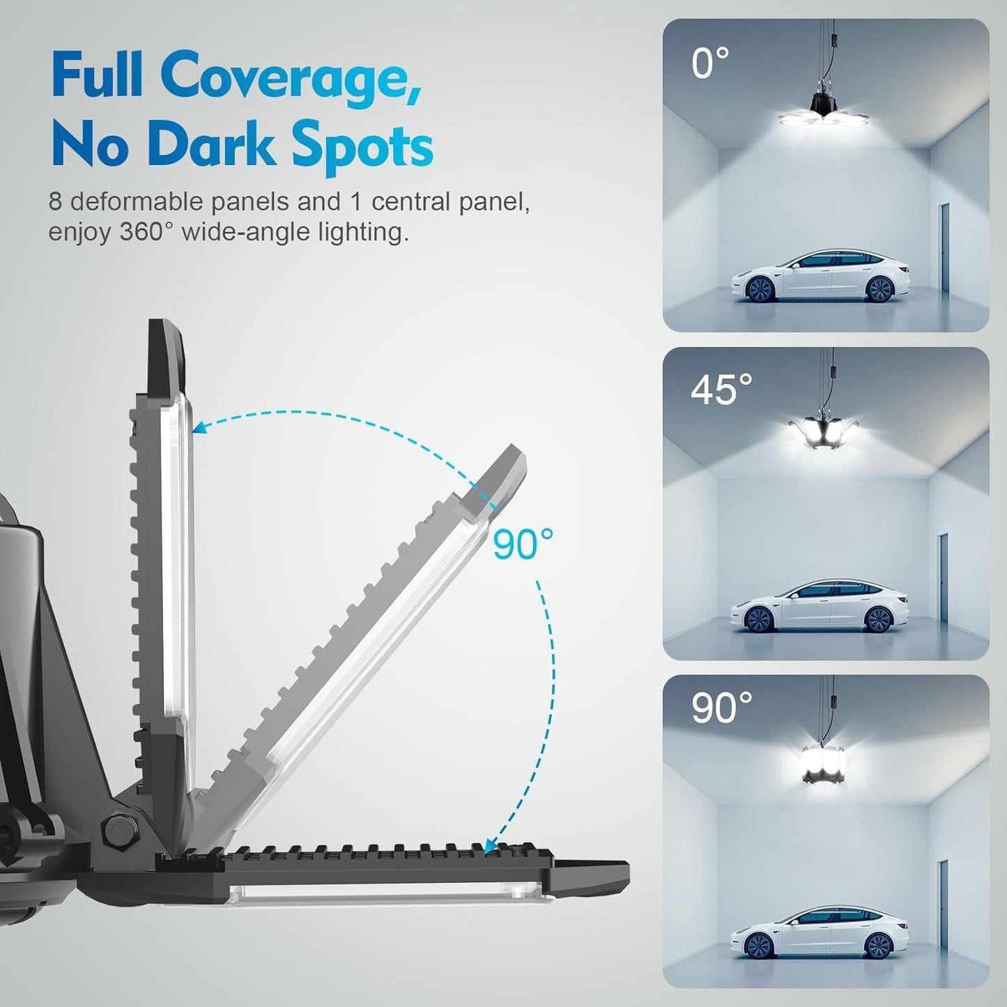 TANBABY 2 Pack LED Garage Lights, 250W Deformable Garage Light, Total 50000LM 6500K Daylight, 8+1 Adjustable Panels, Plug-in Cord Ceiling Light for Basement