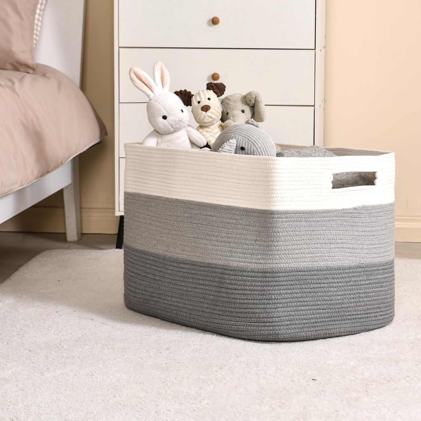 ICERZCZ Extra Large Blanket Basket Living Room, Rectangle Storage Basket, Large Woven Baskets for Storage, Cotton Rope Basket for Toys, Clothes, Gradient Grey - 25”x16”x16” (105L)