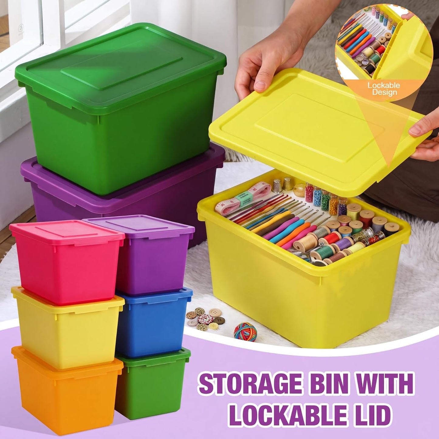 Potchen 6 Pack Small Stackable Storage Bins with Lids Plastic Storage Boxes for Classroom 9.8" ×7.3" ×5.7" Decorative Organizer Bins for Craft Art Office Teacher Supplies (Colorful)