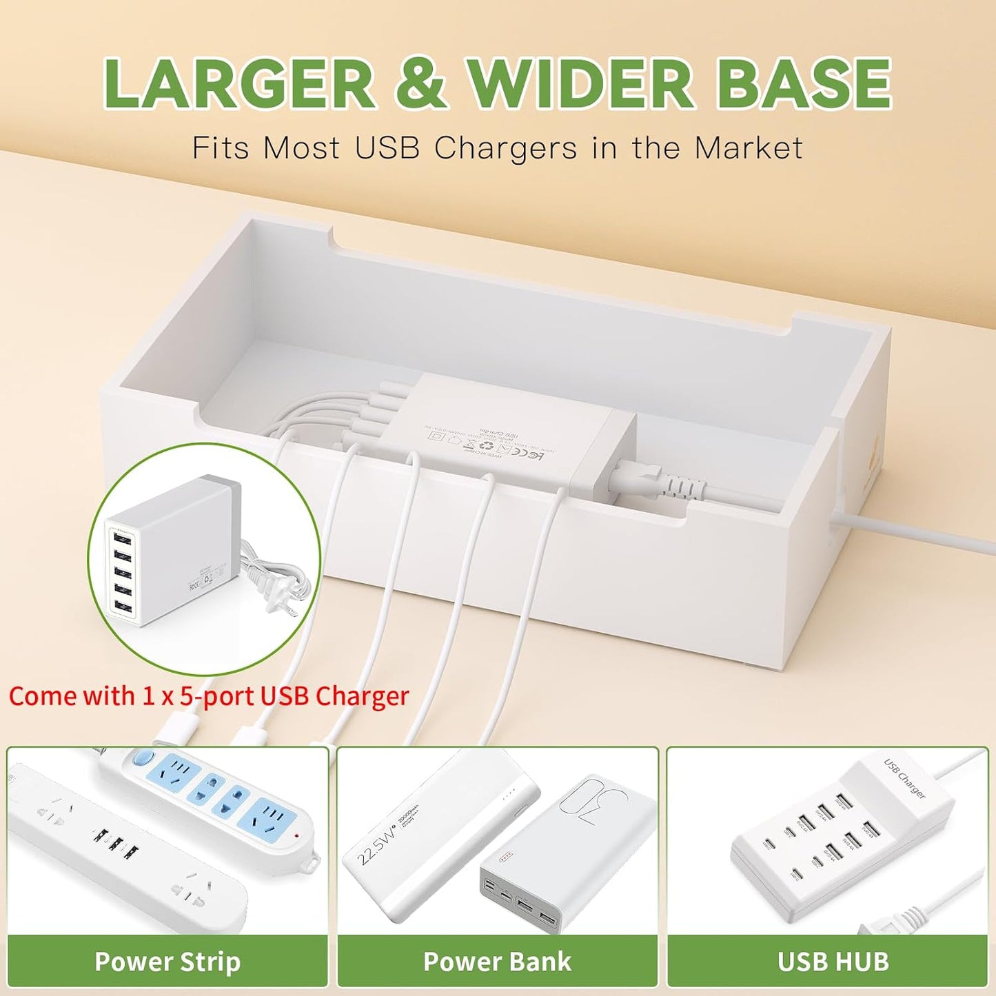 Pezin Hulin Multi Devices Charging Station - Natural +White | with USB Power Adapter, and 6 Wire Cables - Cord Organizer Management, Cell Phone Charger Dock Stand, Desktop Cord Hider Box