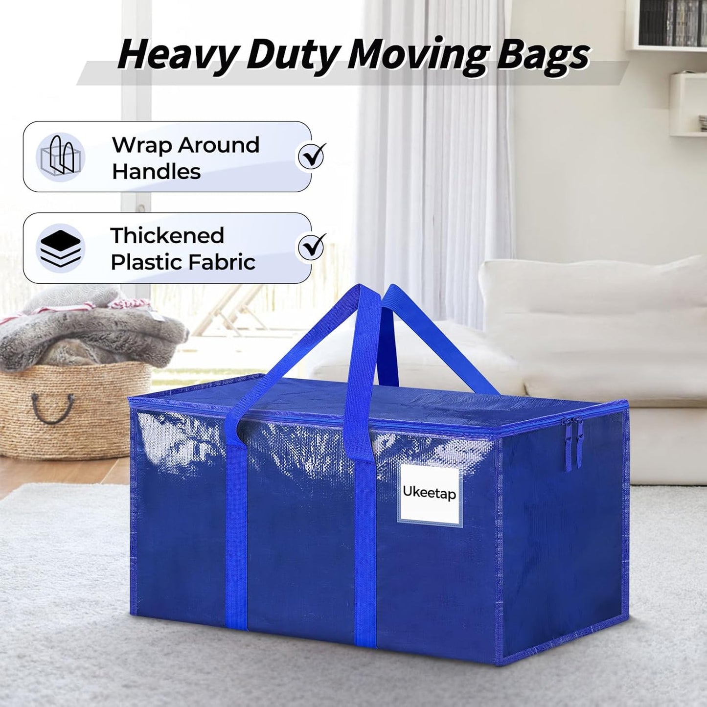 8 Pack Extra Large Heavy Duty Moving Bags, Blue Storage Bins with Lids, Reinforced Handles & Heavy-Duty Zippers Moving Boxes Storage Bags Totes for Clothes Packing, Dorms, College Supplies, Blue