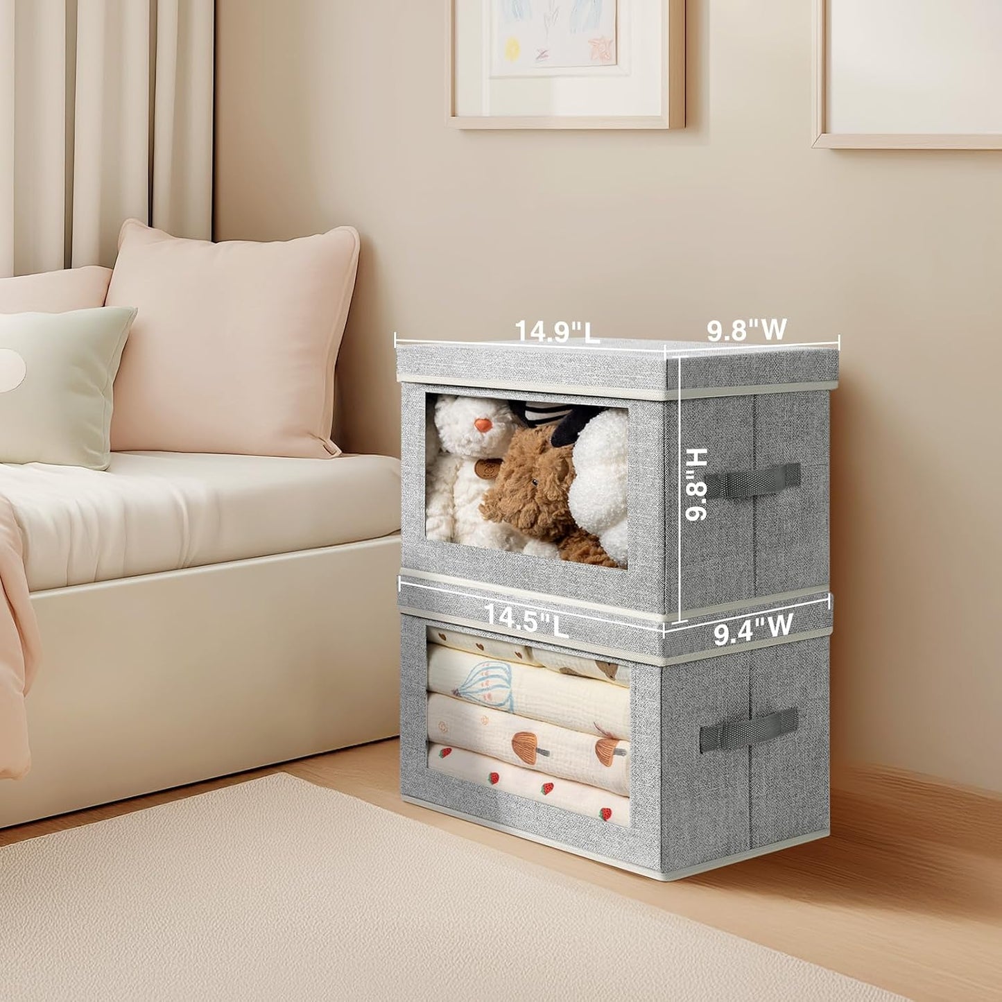 Homsorout Storage Boxes with Lids - 3 Pack Fabric Clear Window Storage Bins, Collapsible Storage Bins with Lids, Linen Closet Organizer for Clothes, Towel, Blanket, Light Grey