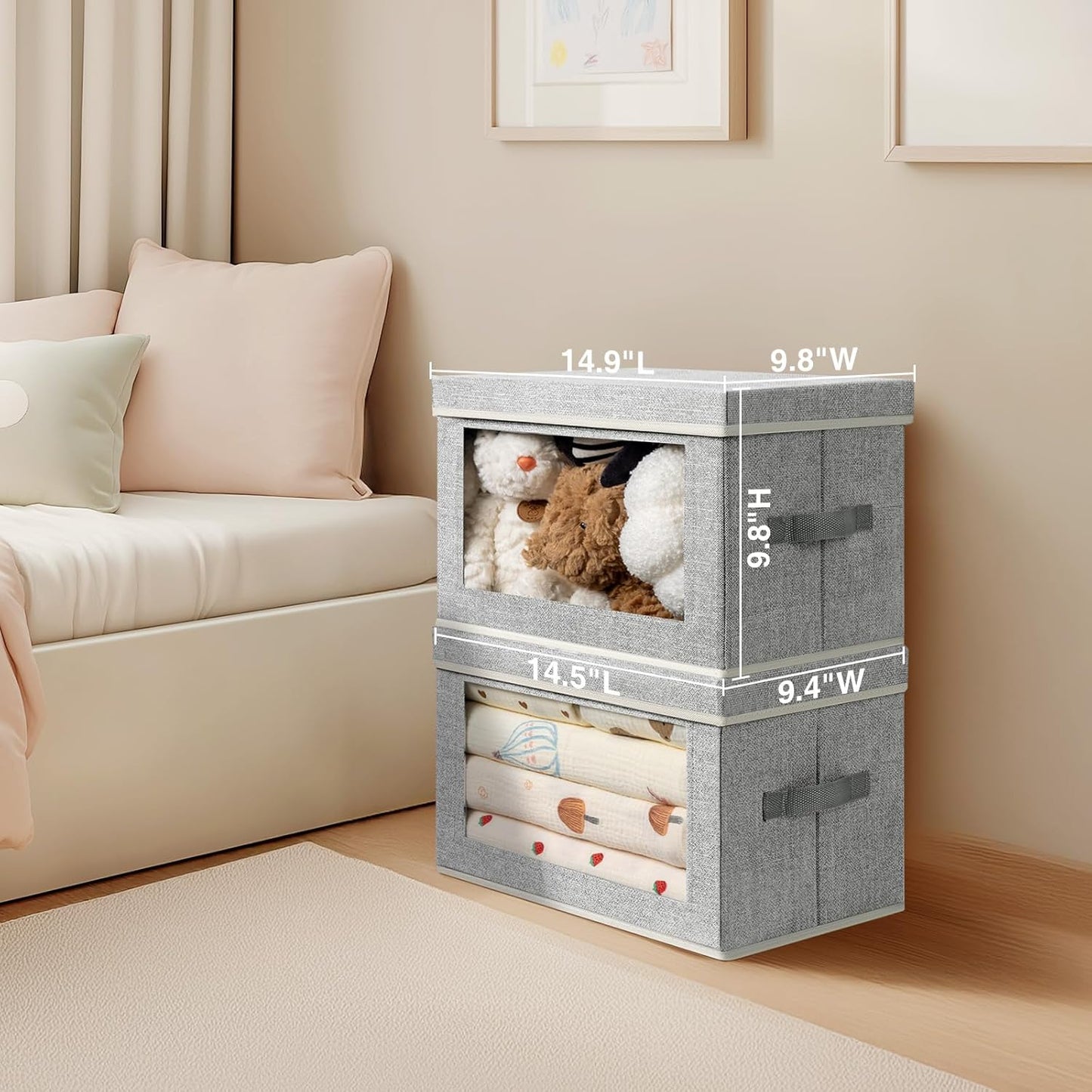 Homsorout Foldable Storage Bin with Lid - Closet Storage Organizer with Window, Storage Bins with Lids for Clothes, Fabric Storage Baskets for Shelves, Bedroom, Dorm, Light Grey, 4 Pack