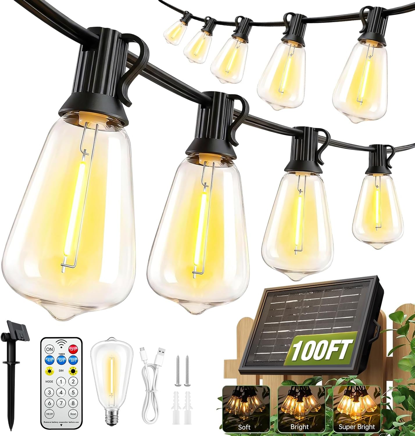 100FT Solar String Lights Outdoor Waterproof with Remote & Timer, LED Shatterproof ST38 Bulbs, USB & Solar Powered Patio Lights for Backyard, Porch, Garden, Wedding Decor, Dusk to Dawn Lighting