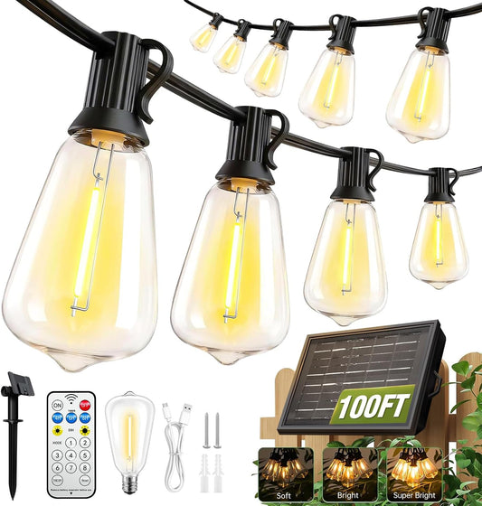 100FT Solar String Lights Outdoor Waterproof with Remote & Timer, LED Shatterproof ST38 Bulbs, USB & Solar Powered Patio Lights for Backyard, Porch, Garden, Wedding Decor, Dusk to Dawn Lighting