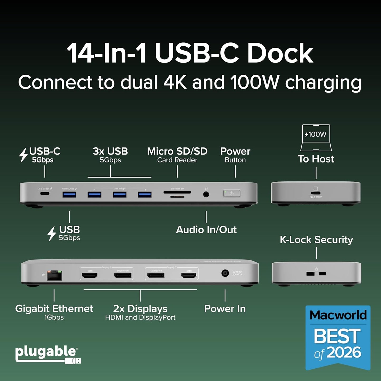 Plugable USB C Laptop Docking Station, Dual Monitor 4K 60Hz for Apple Mac M1/M2/M3/M4/M5,Neo 2X HDMI or DisplayPort for MacBook, 100W Charging DisplayLink Dock, Driver Install Required (UD-6950PDH)