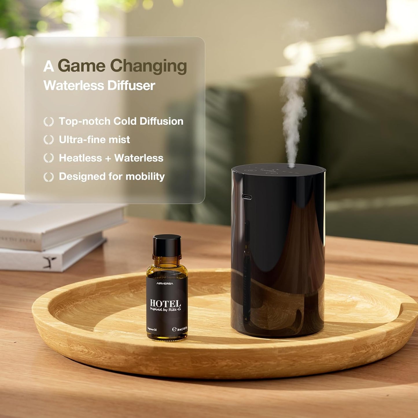 Waterless Essential Oil Diffuser, Battery Operated Aromatherapy Diffuser with 20mL Capacity, Mini Portable Scent Air Diffuser, 3 Countdown Timers & Mist Levels for Home Room Car Office, ANZ Black