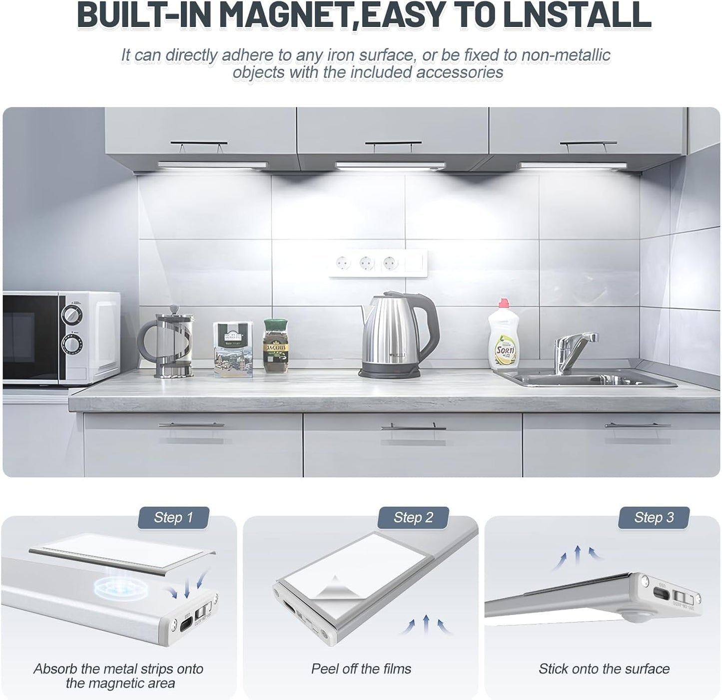 6 Pack Under Cabinet Lighting Wireless, 32 LED Rechargeable Battery Motion Sensor Light Indoor, Stick On Magnetic Closet Lights, Under Counter Lights for Kitchen, Stairs, White 8 in