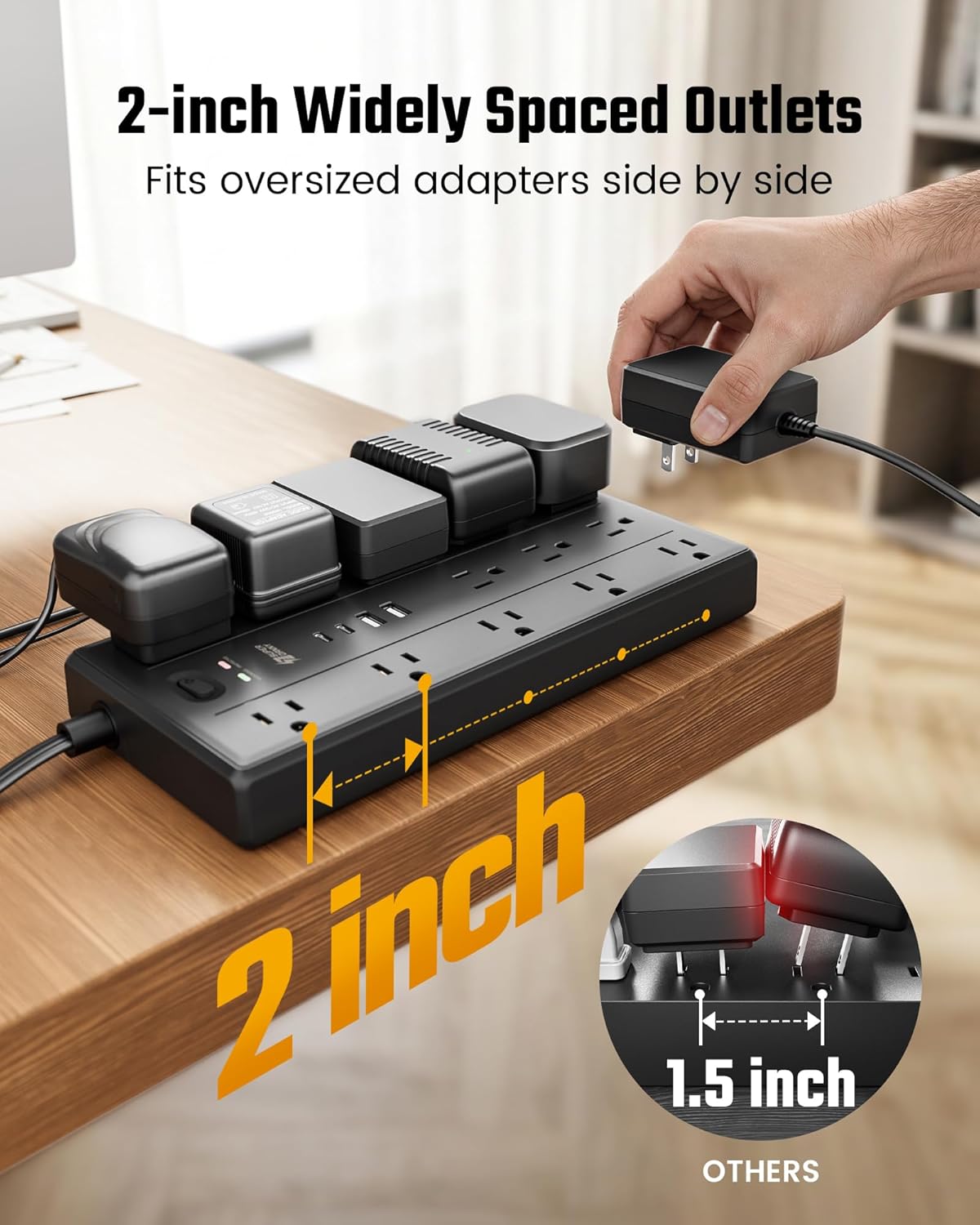 10Ft Extension Cord with Multiple Outlets, Flat Plug Power Strip with 2100J Surge Protector, 13 Outlets, 2 USB A, 2 USB C, Desk USB Charging Station, Home Office, College Dorm Room Essentials, Black