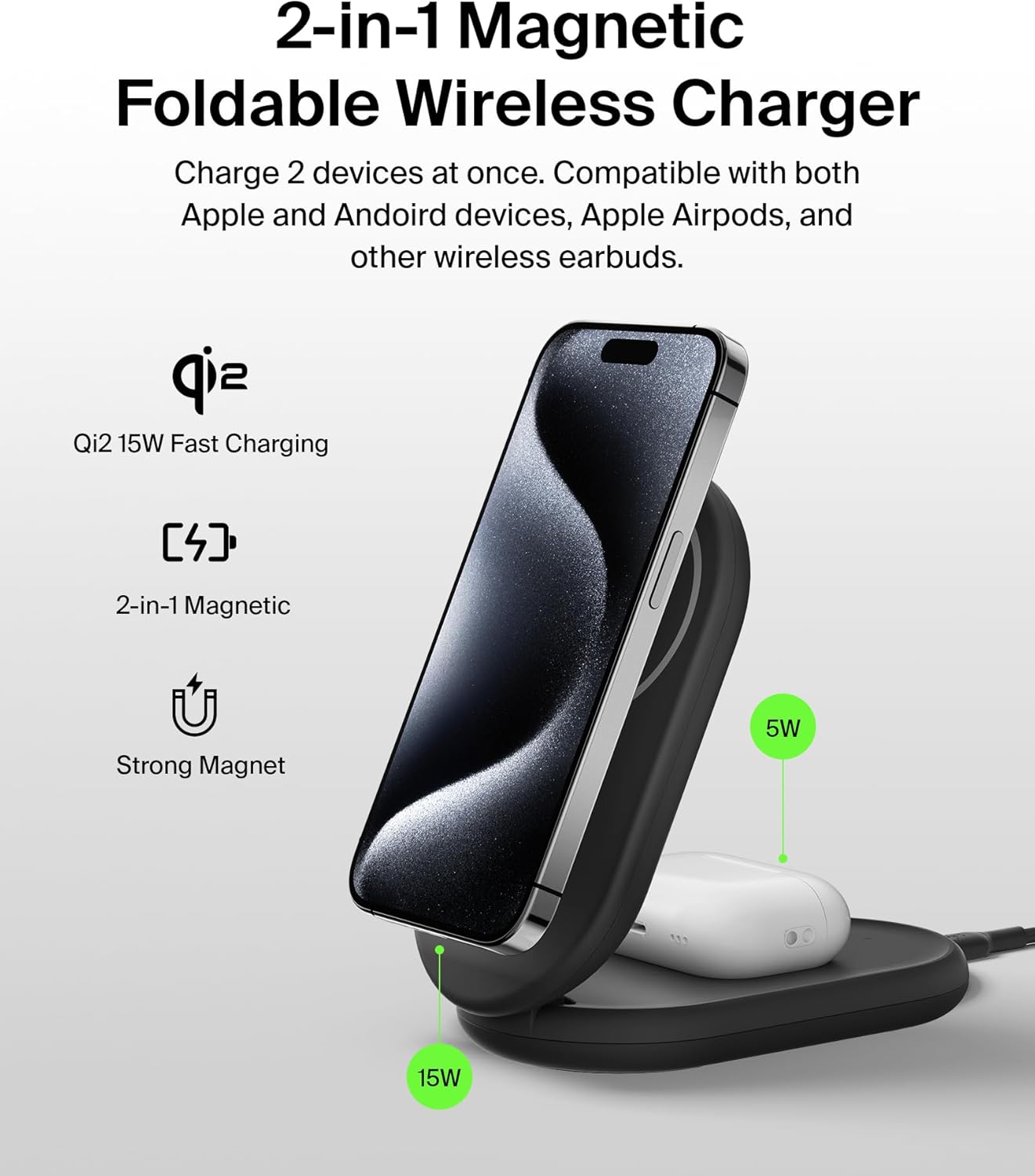 Belkin Qi2 15W Magnetic Wireless Charger, 2 in 1 Foldable, Non-Slip | MagSafe compatible, iPhone 16, Apple Watch, Samsung Galaxy S25 compatible, power adapter included