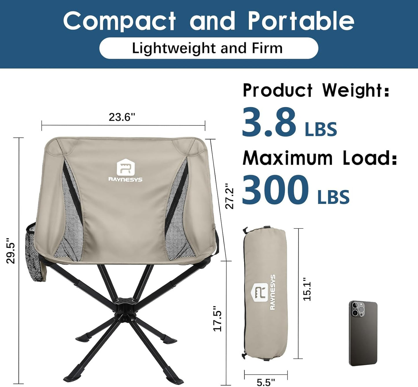 Raynesys Portable Camping Chair 1 Pack, 8 Seconds Quick Setup Folding Camping Chair, Flexible 360° Rotation, 3.8Lb Lightweight Travel Chairs for Easy Carry to Hiking, Sporting, Beach, Khaki