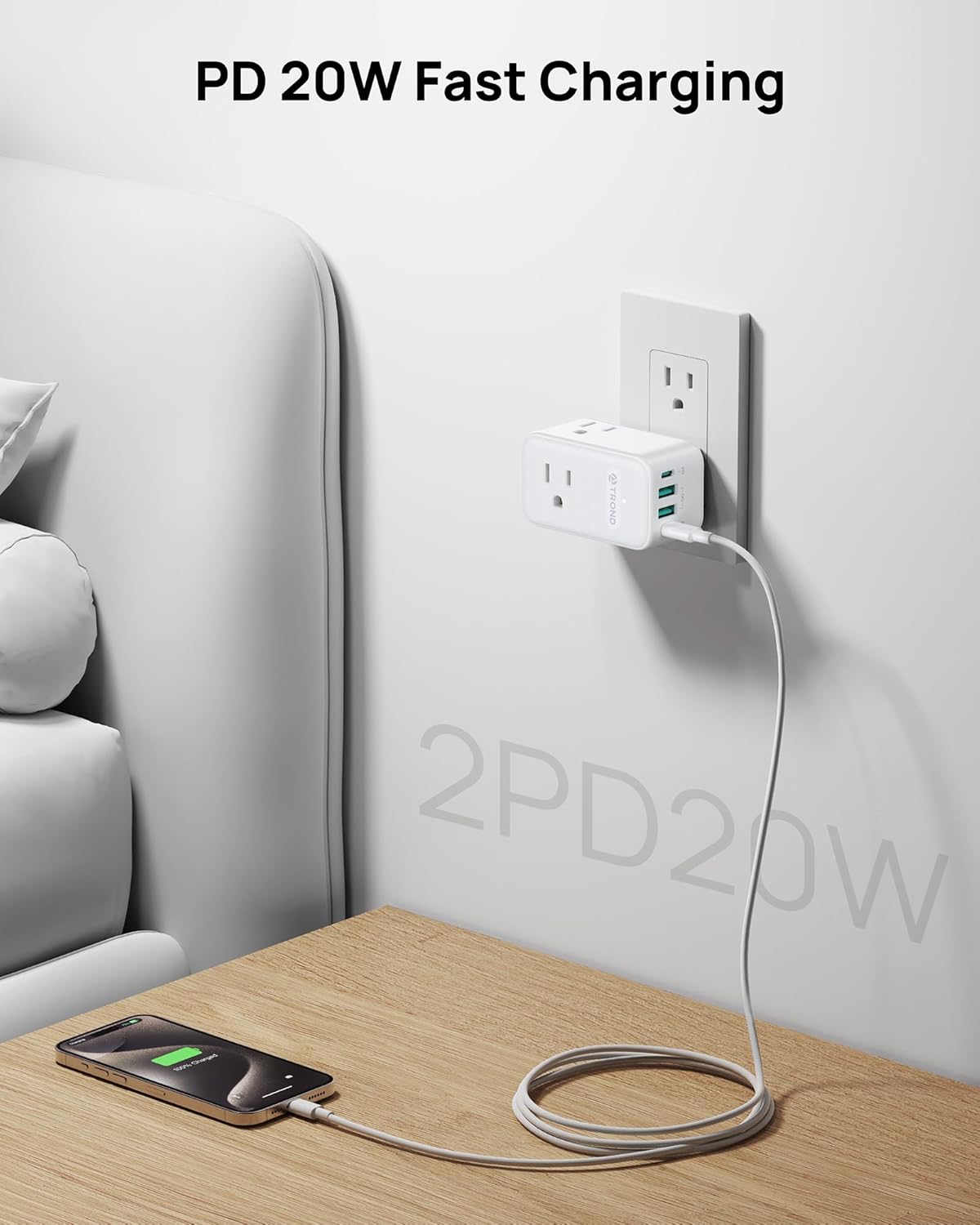 TROND Outlet Extender with 2 PD 20W USB C Charger, 3 AC Multi Plug Outlet Splitter with 360 Rotating Plug, USB Wall Socket Adapter, A Small Charging Station for Kitchen Bathroom Cruise Essentials