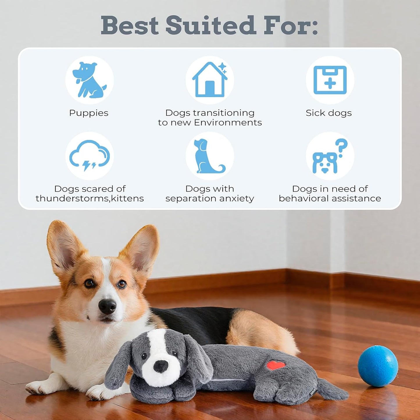 Moropaky Heartbeat Puppy Toys Dog Heartbeat Toy for Anxiety Relief Calming Aid, Heartbeat Stuffed Animal for Puppy Dog Comfort Sleep Aid Crate Training, Puppy Essentials, Dark Gray