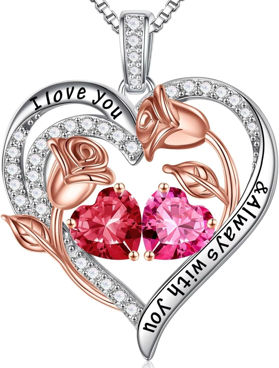 Iefil Birthstone Necklace for Women - Rose Heart Necklace