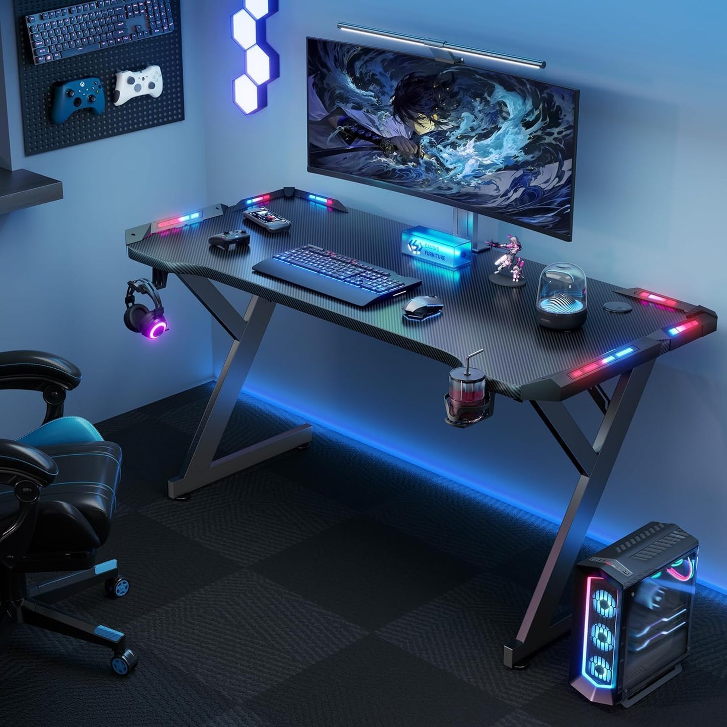 HLDIRECT 47 Inch Gaming Desk with LED Lights, Ergonomic Computer Gaming Table with Carbon Fibre Surface, Sturdy PC Workstation Desk for Home Office with Headphone Hook, Cup Holder, Black