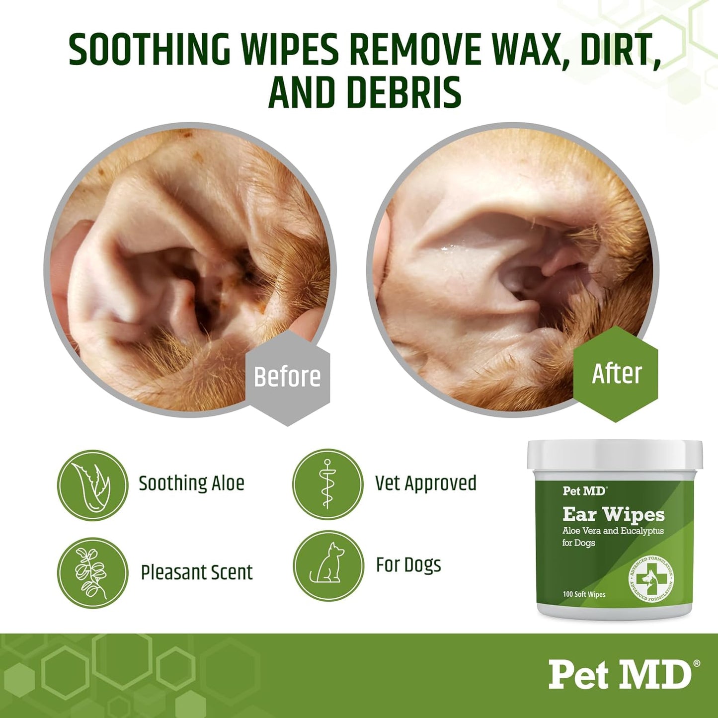 Pet MD Dog Ear Cleaning Wipes – Otic Cleanser for Dogs, Soothing Ear Care with Aloe Vera & Eucalyptus, Regular Wipes, 100 Count