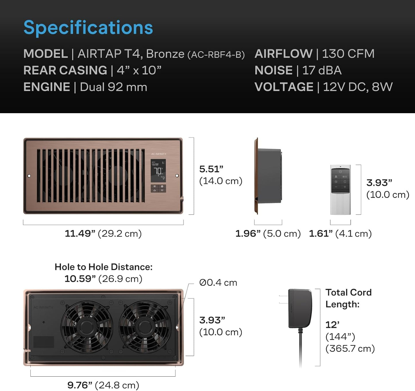 AC Infinity AIRTAP T4 Bronze, Register Booster Fan for 4” x 10” Vents, Thermostat Control Improves Heating & Cooling, Quiet 10-Speed Remote Control & Bluetooth App. ONLY FITS 4” x 10” Duct Openings
