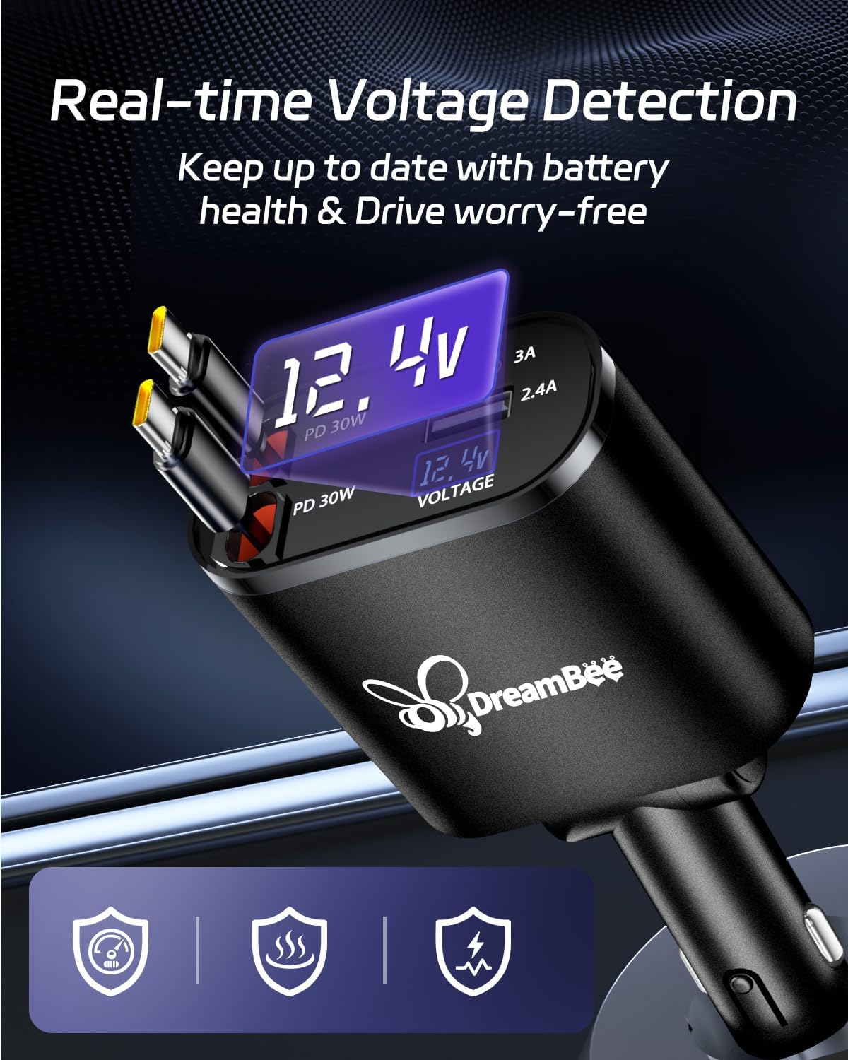 DreamBee Retractable Car Charger,66W Super Fast USB Car Phone Charger,Dual TypeC Retractable Cables Gifts for Men Women Car Truck Accessories for Samsung Galaxy S23+/S23,iPhone 17/16/15/ Pro Max, iPad